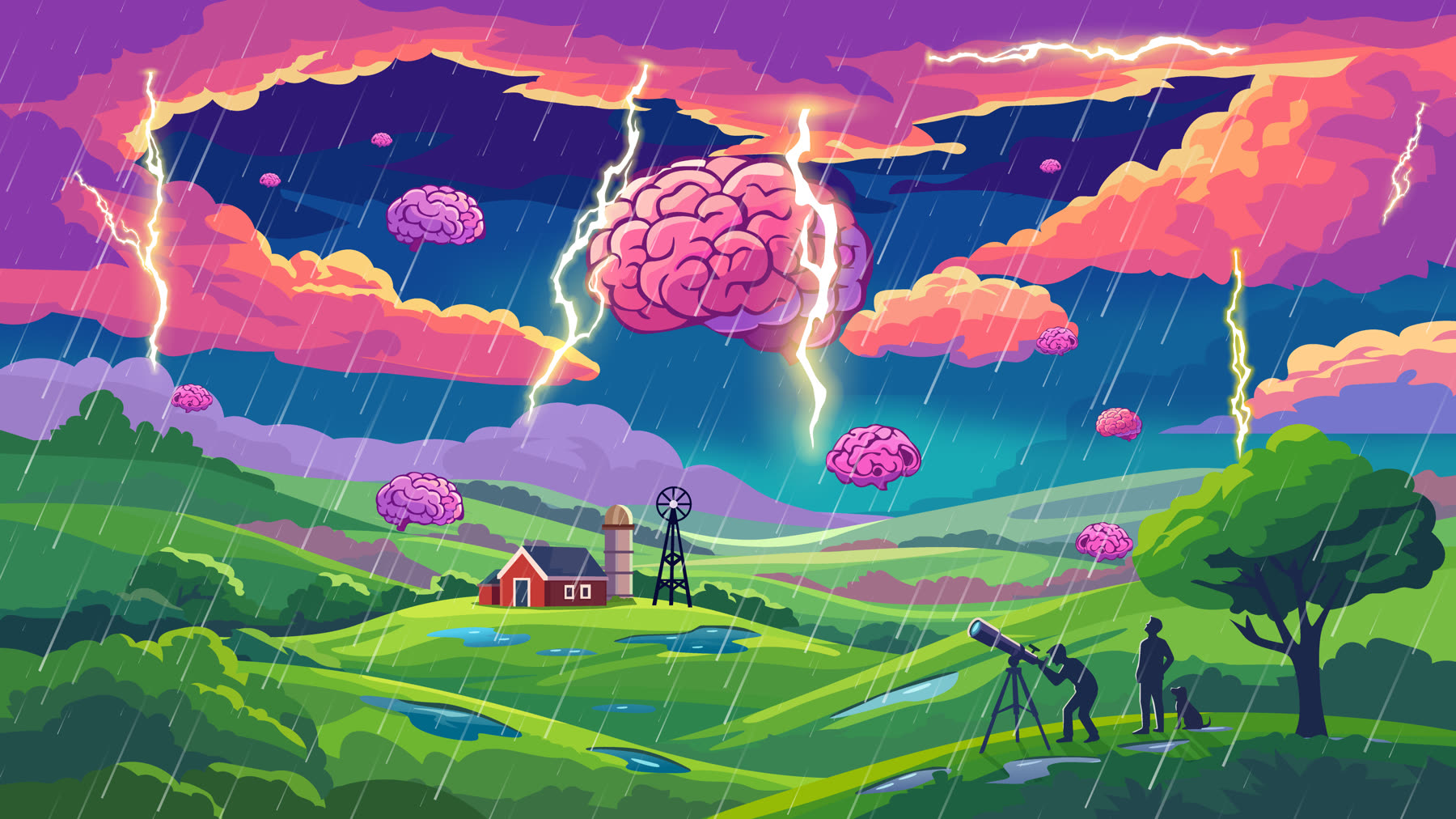 Stormy landscape with a giant brain in the clouds