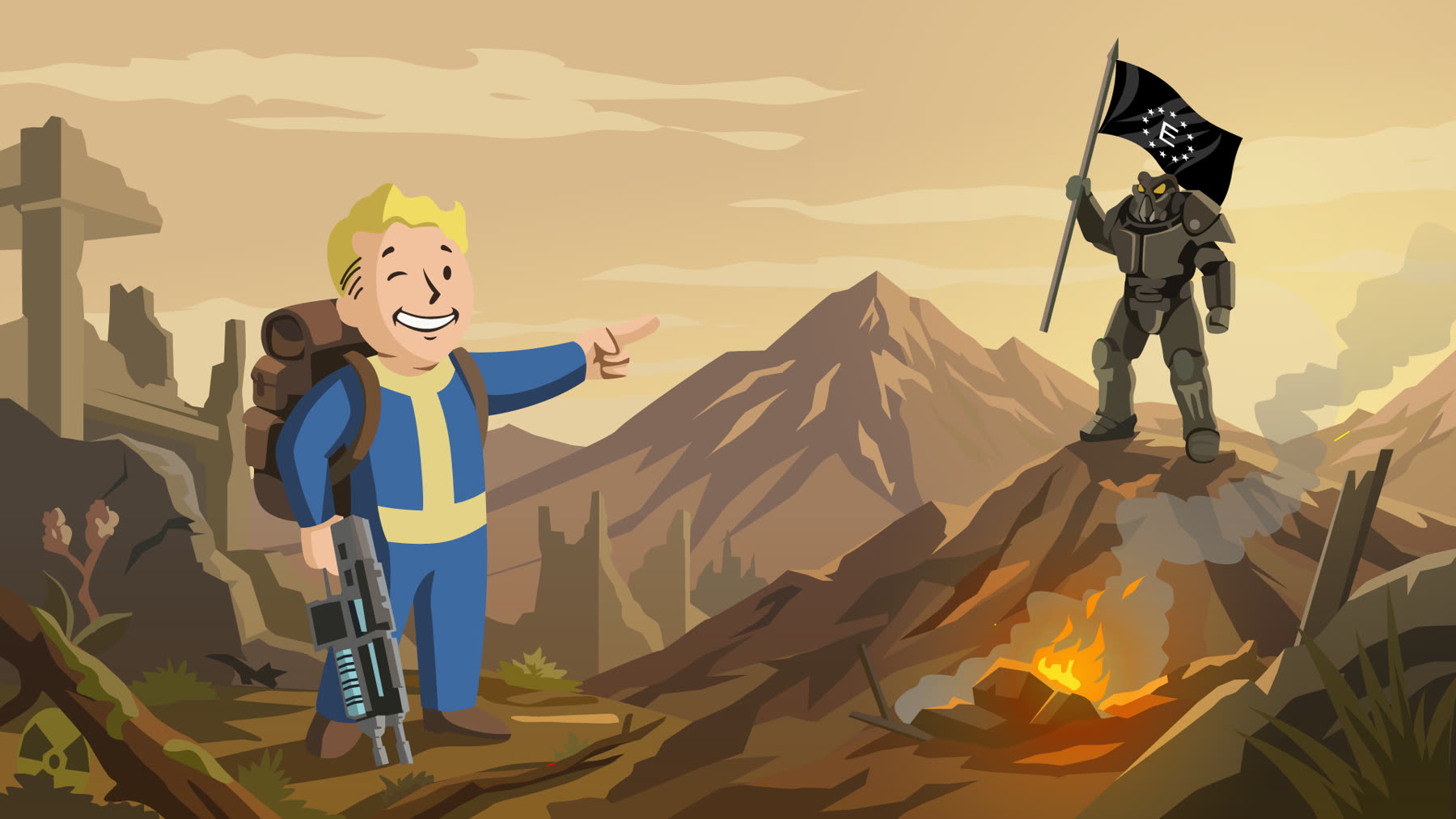 Vault dweller and power-armoured figure in a wasteland