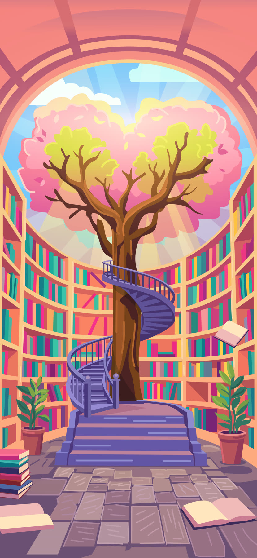 Library built around a blossoming tree with a spiral staircase