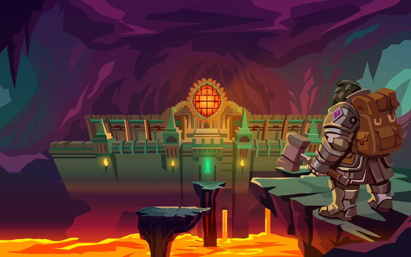Armoured knight before a glowing fortress above lava
