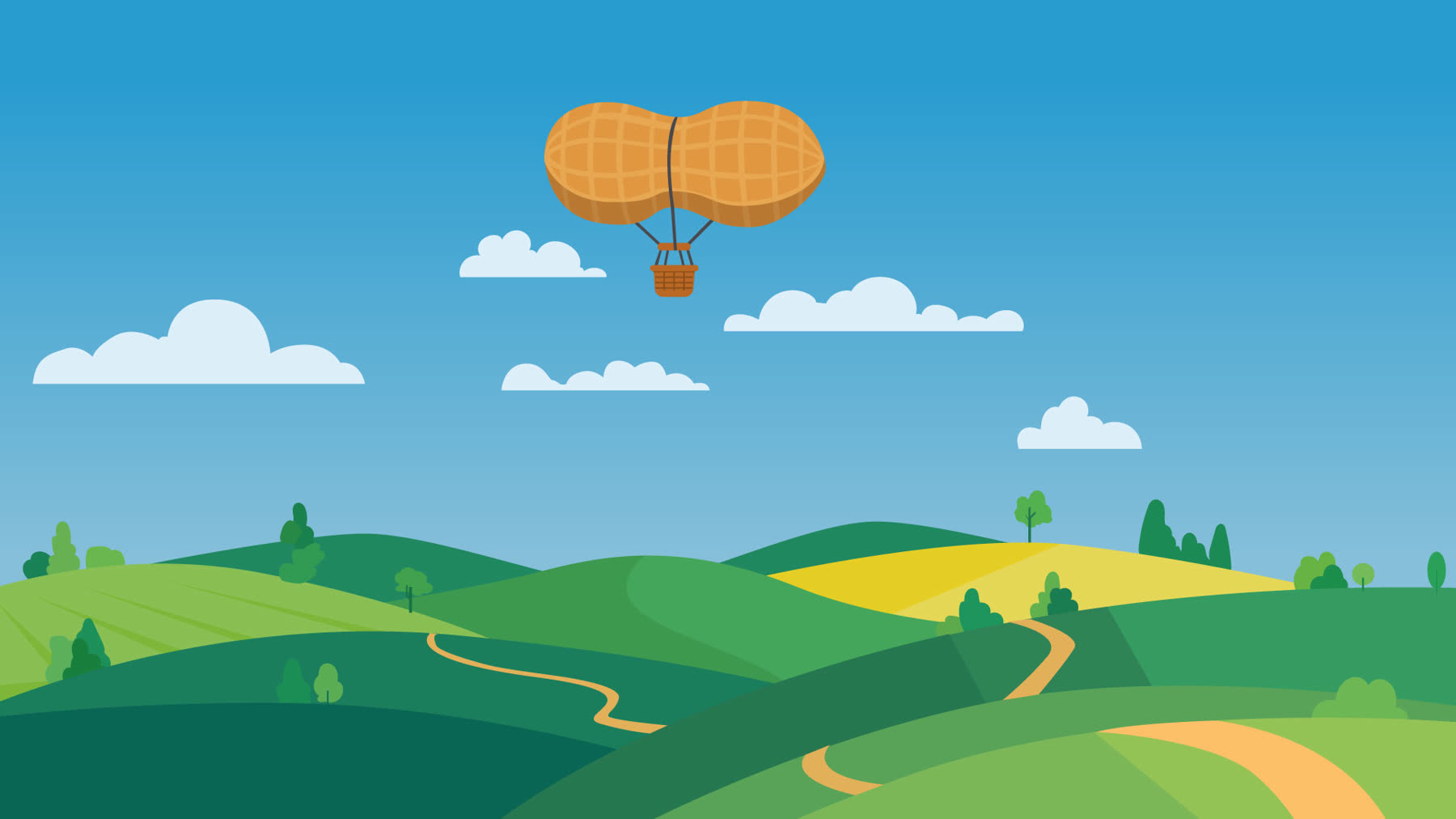 Peanut-shaped hot-air balloon over rolling hills