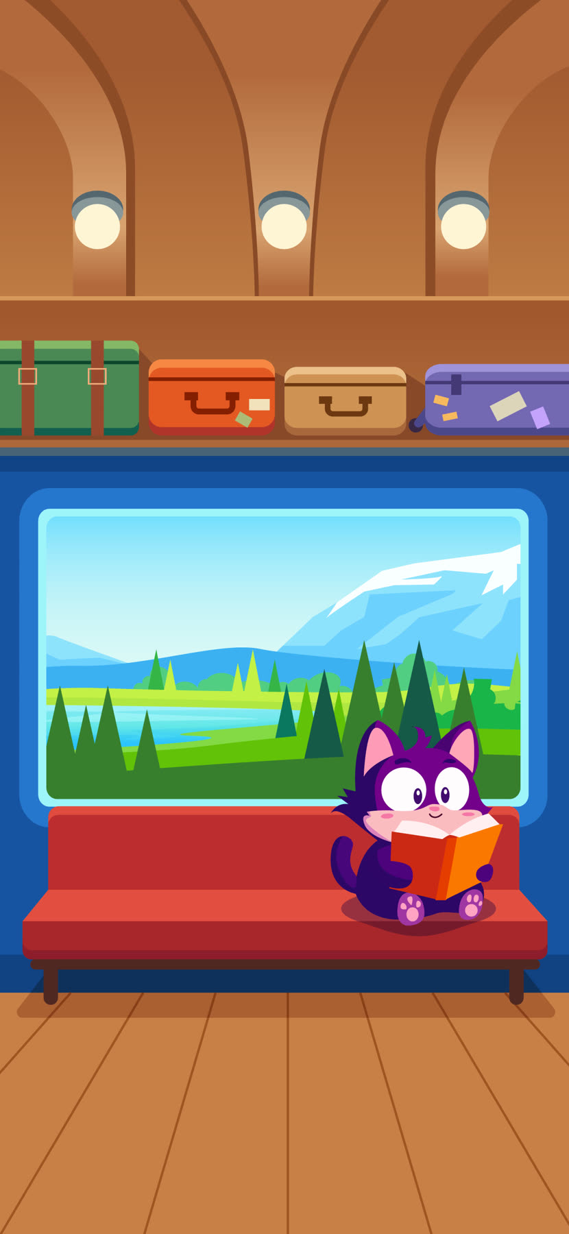 Cat reading a book on a train with a mountain view