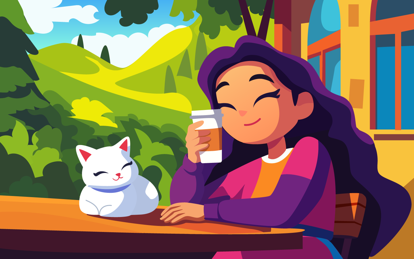 Girl with coffee beside a white cat overlooking green hills