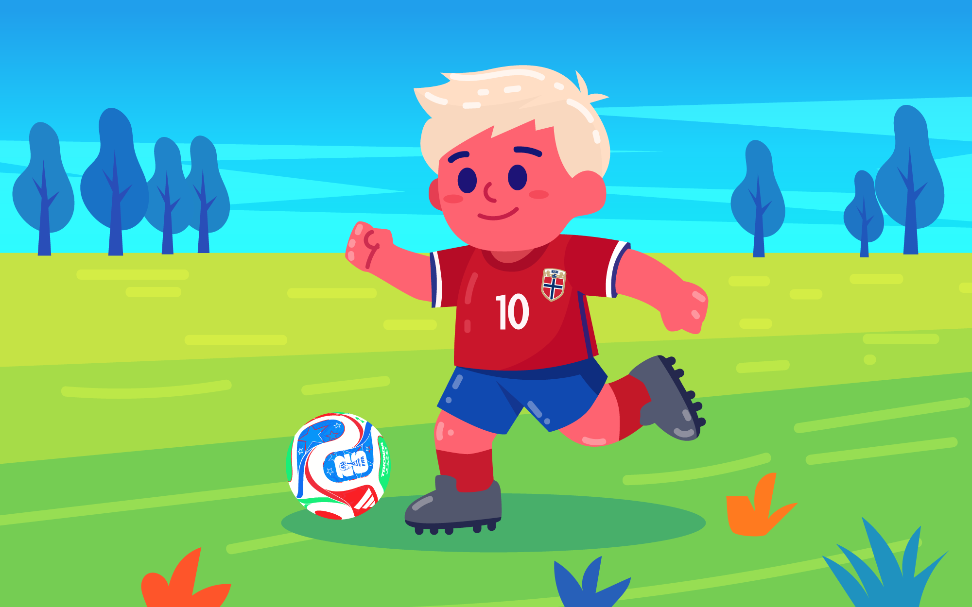 Young footballer in a number ten kit dribbling a ball
